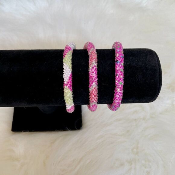 HAND CRAFTED in Nepal Beaded Bracelets (set of 3) PINK3 - Picture 3 of 3